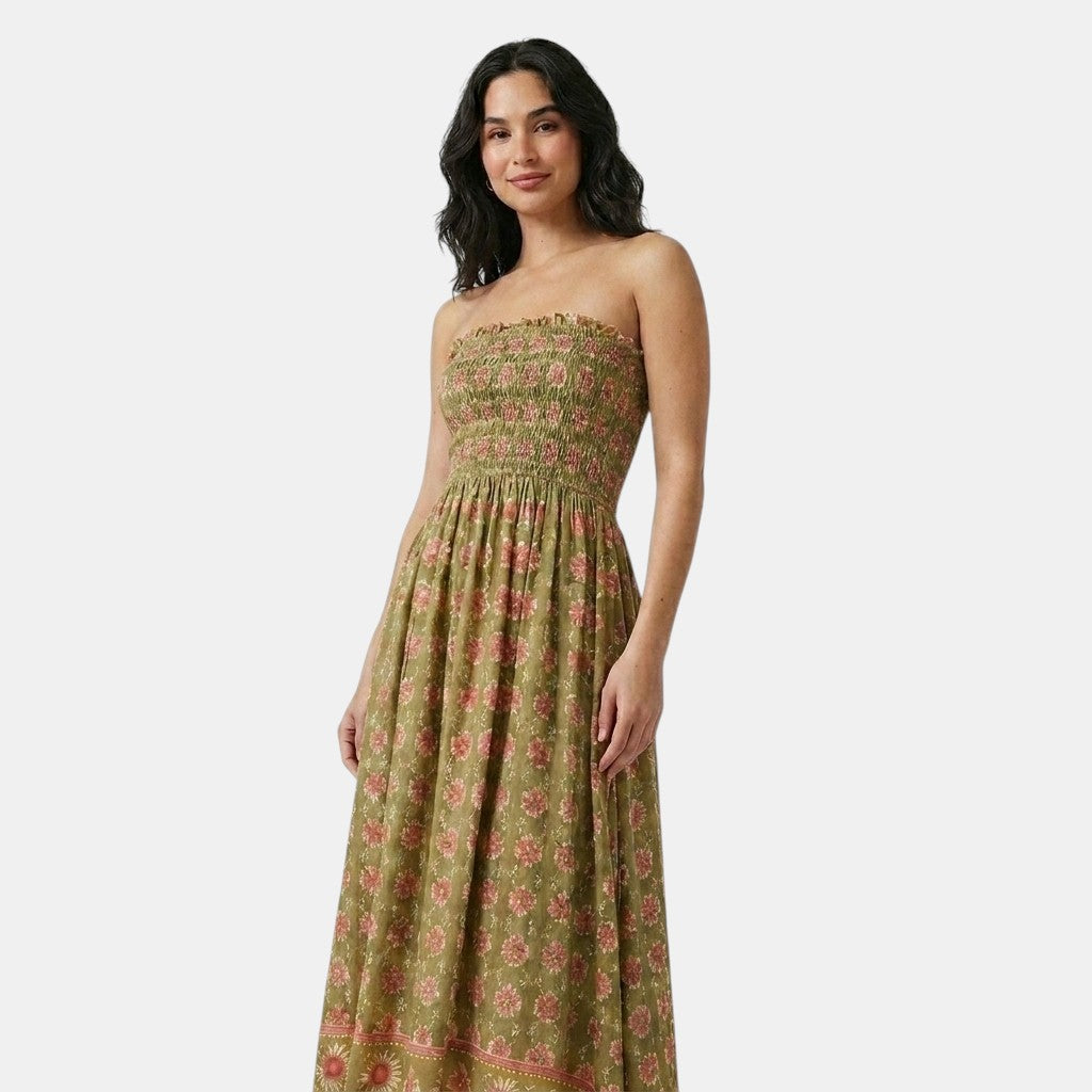 Armaxio | Women's Floral Bandeau Midi Dress Shirred Style