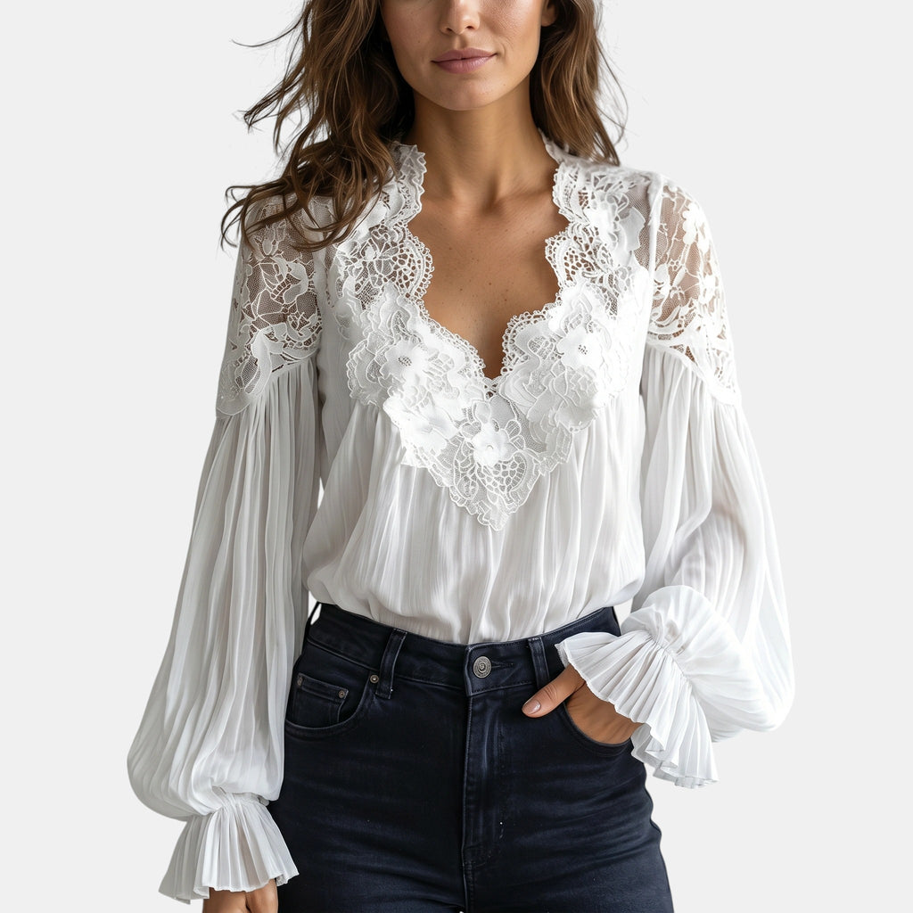 Armaxio | Women's Floral Lace Lantern Sleeve Blouse