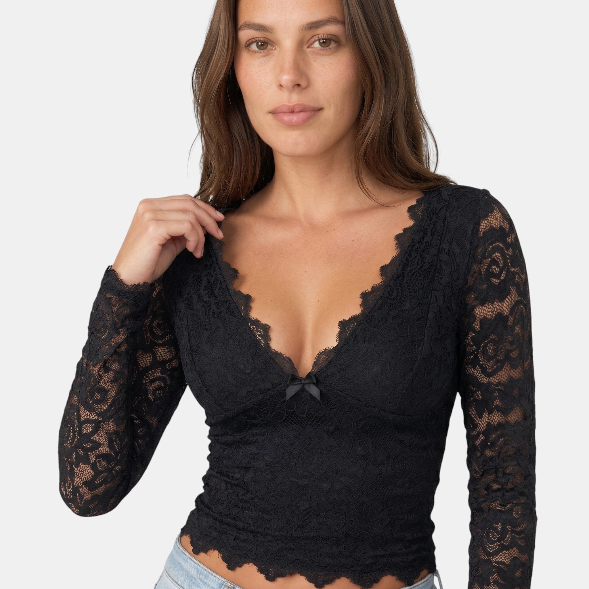 Armaxio | Women's Floral Lace Long Sleeve Crop Top