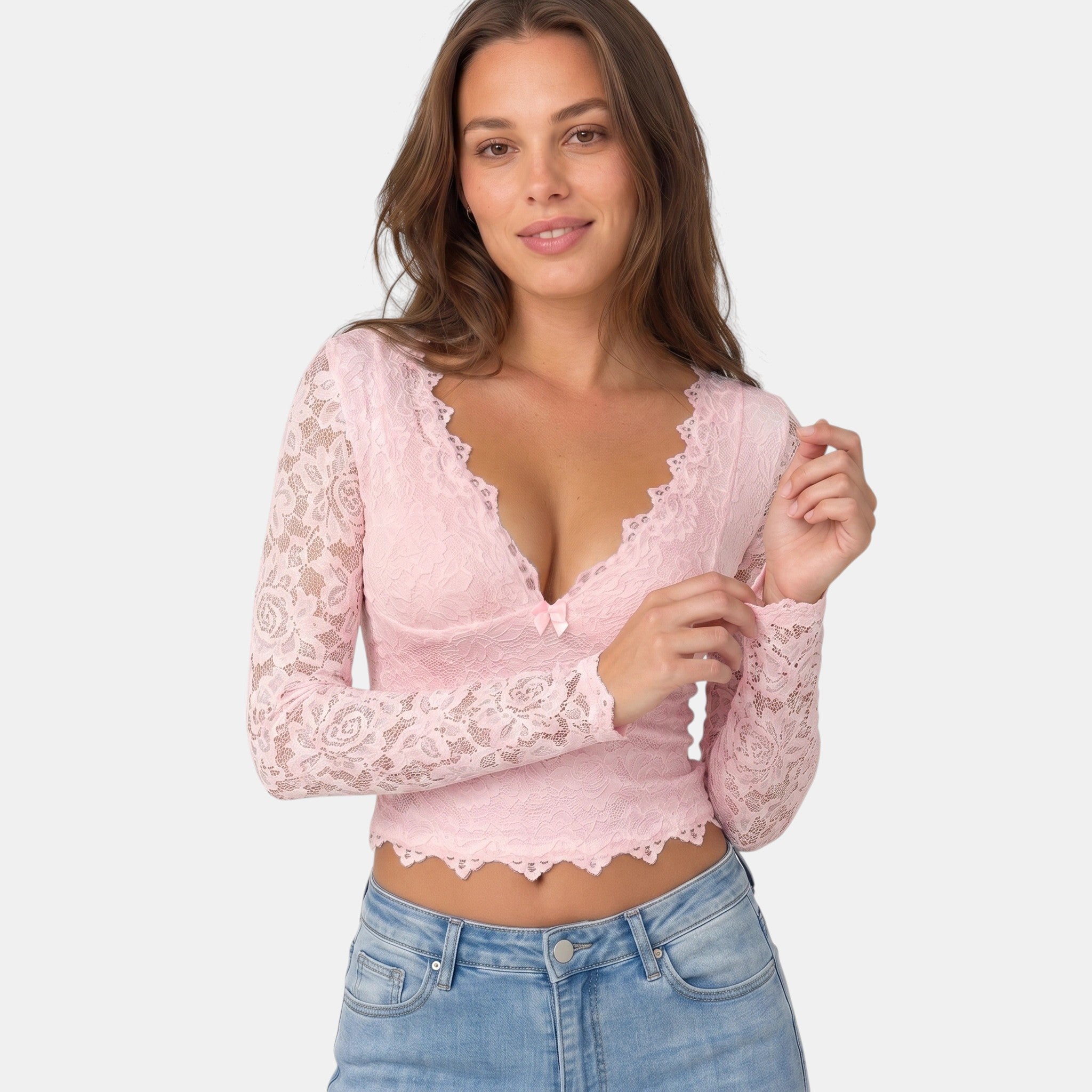 Armaxio | Women's Floral Lace Long Sleeve Crop Top