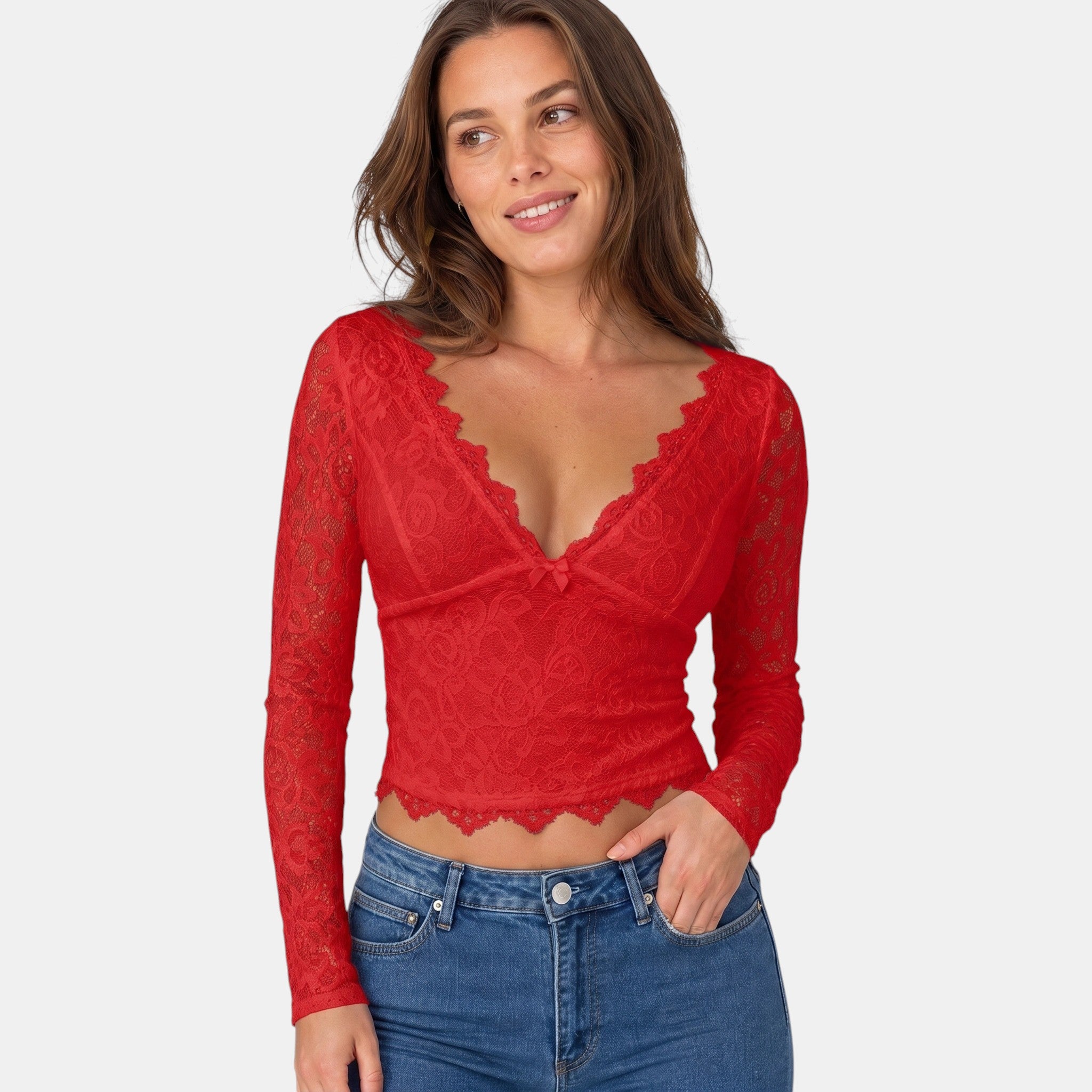 Armaxio | Women's Floral Lace Long Sleeve Crop Top