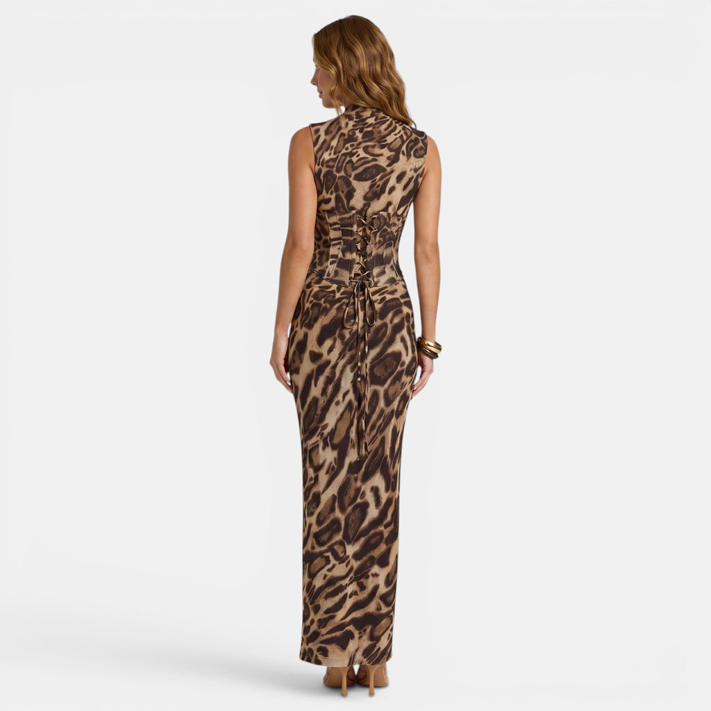 Armaxio | Women's Leopard Print Corset Maxi Dress