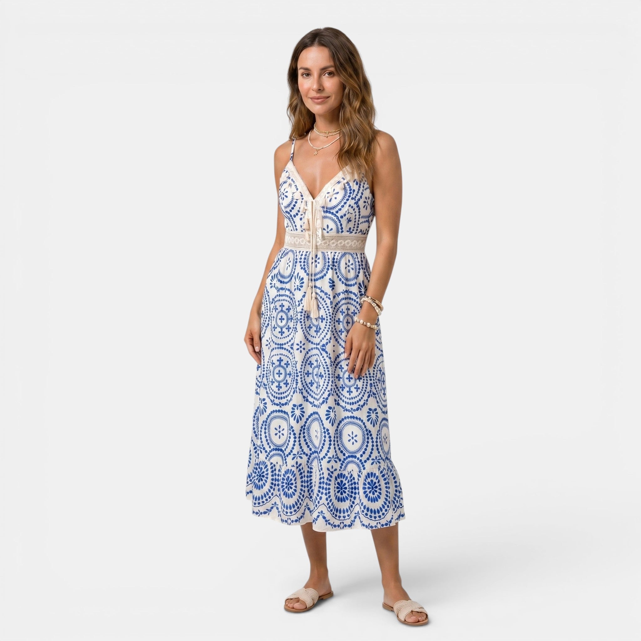 Armaxio | Women's Ornate Midi Dress Sleeveless V-Neck