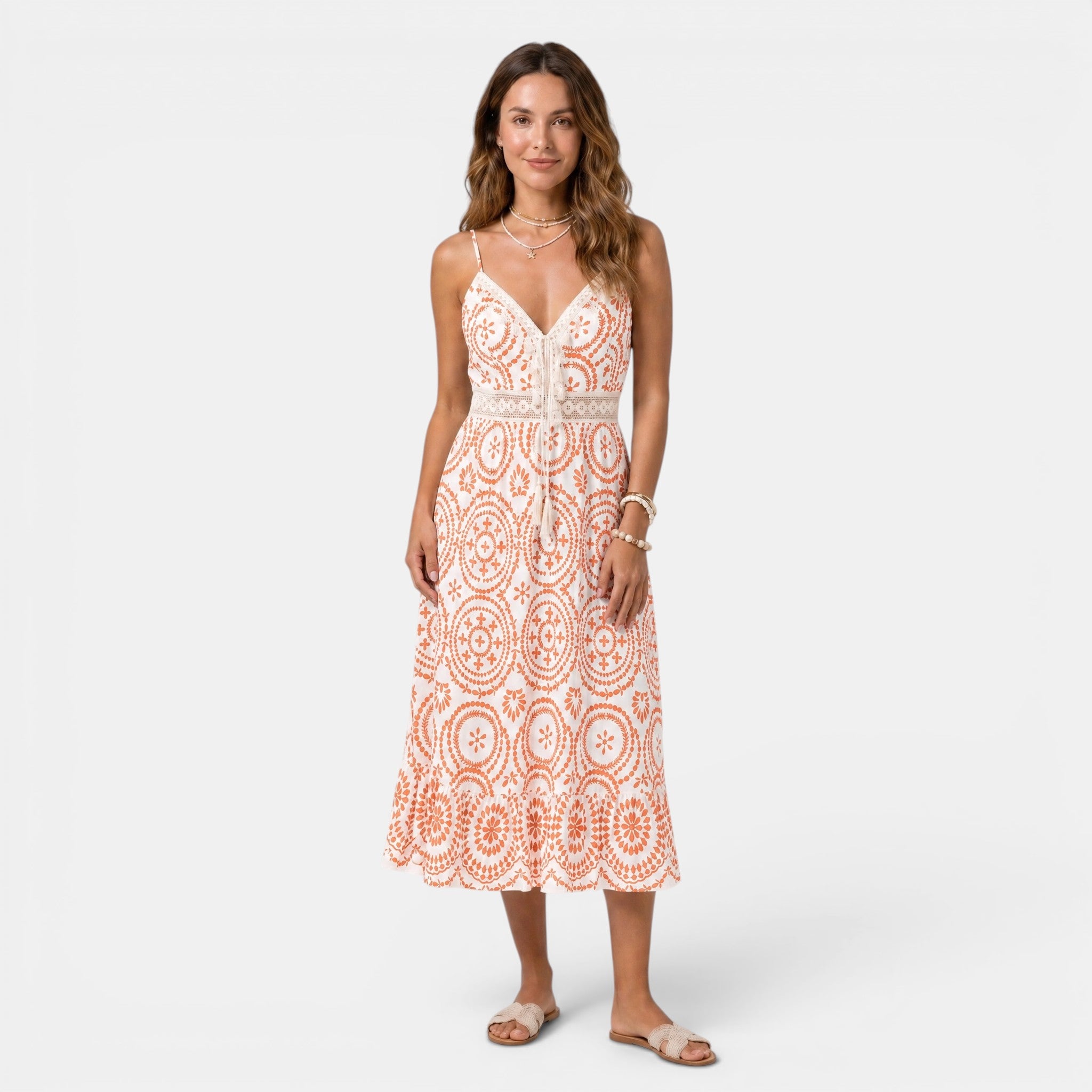 Armaxio | Women's Ornate Midi Dress Sleeveless V-Neck