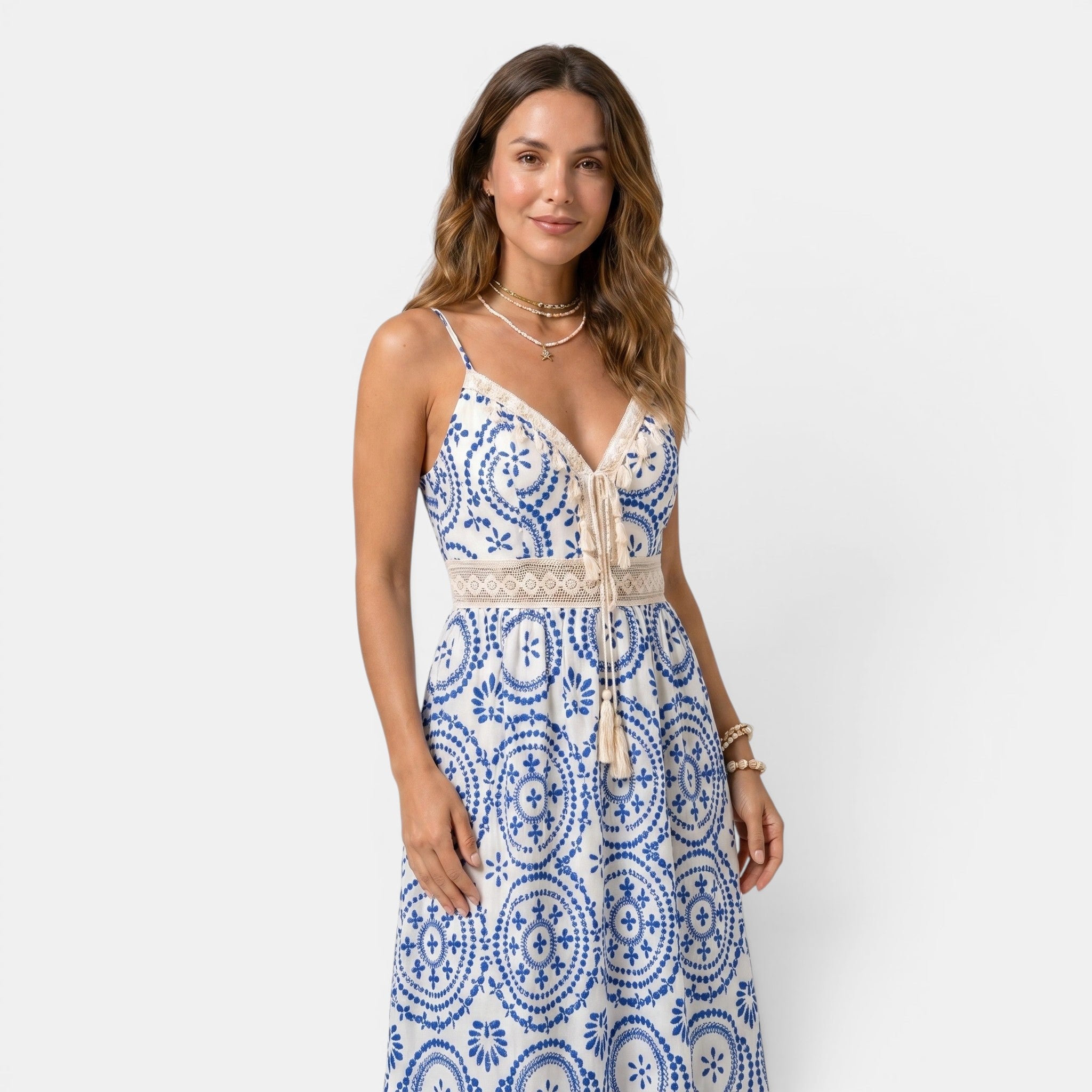 Armaxio | Women's Ornate Midi Dress Sleeveless V-Neck