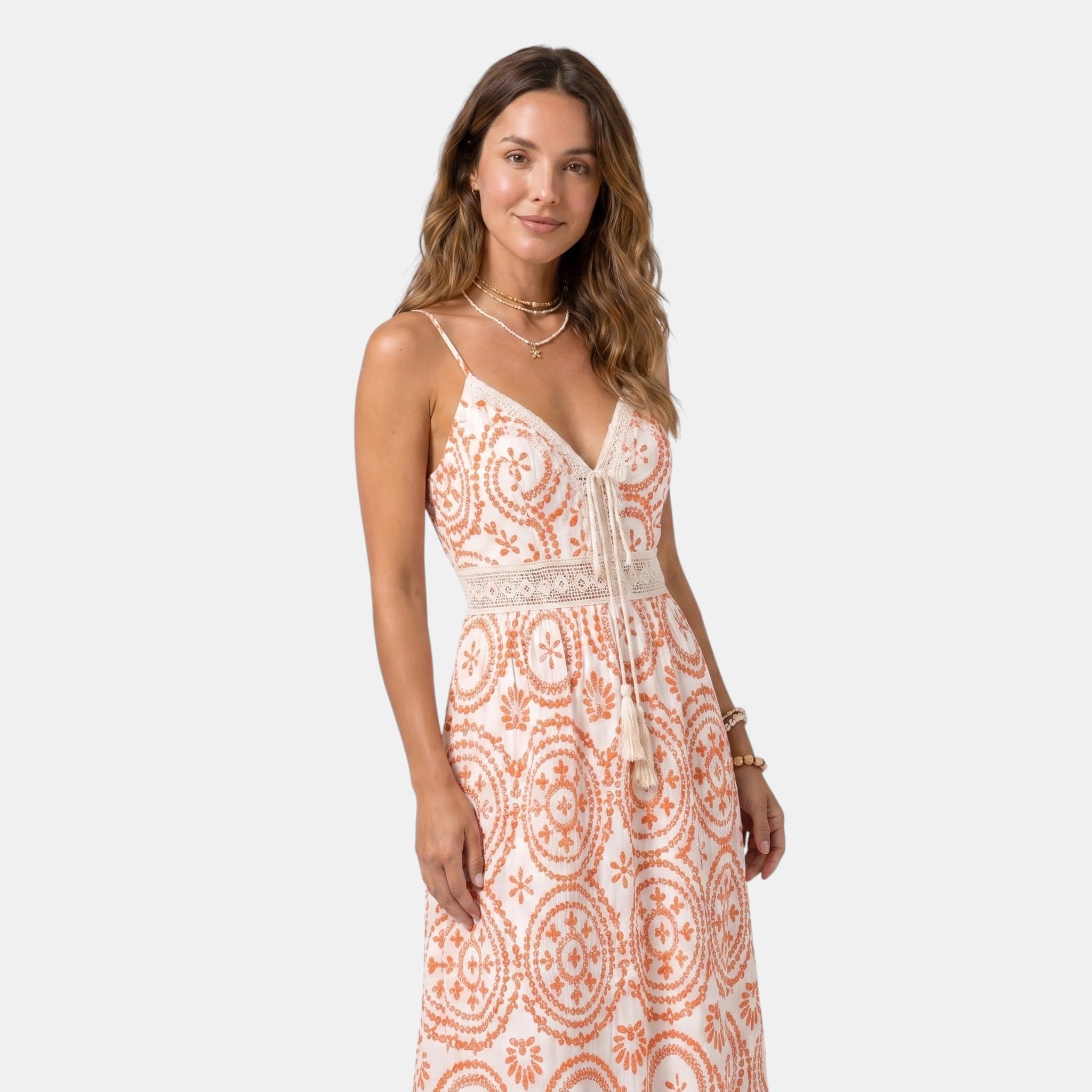 Armaxio | Women's Ornate Midi Dress Sleeveless V-Neck