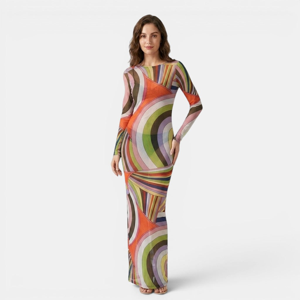 Armaxio | Women's Printed Mesh Bodycon Maxi Dress Sleeveless