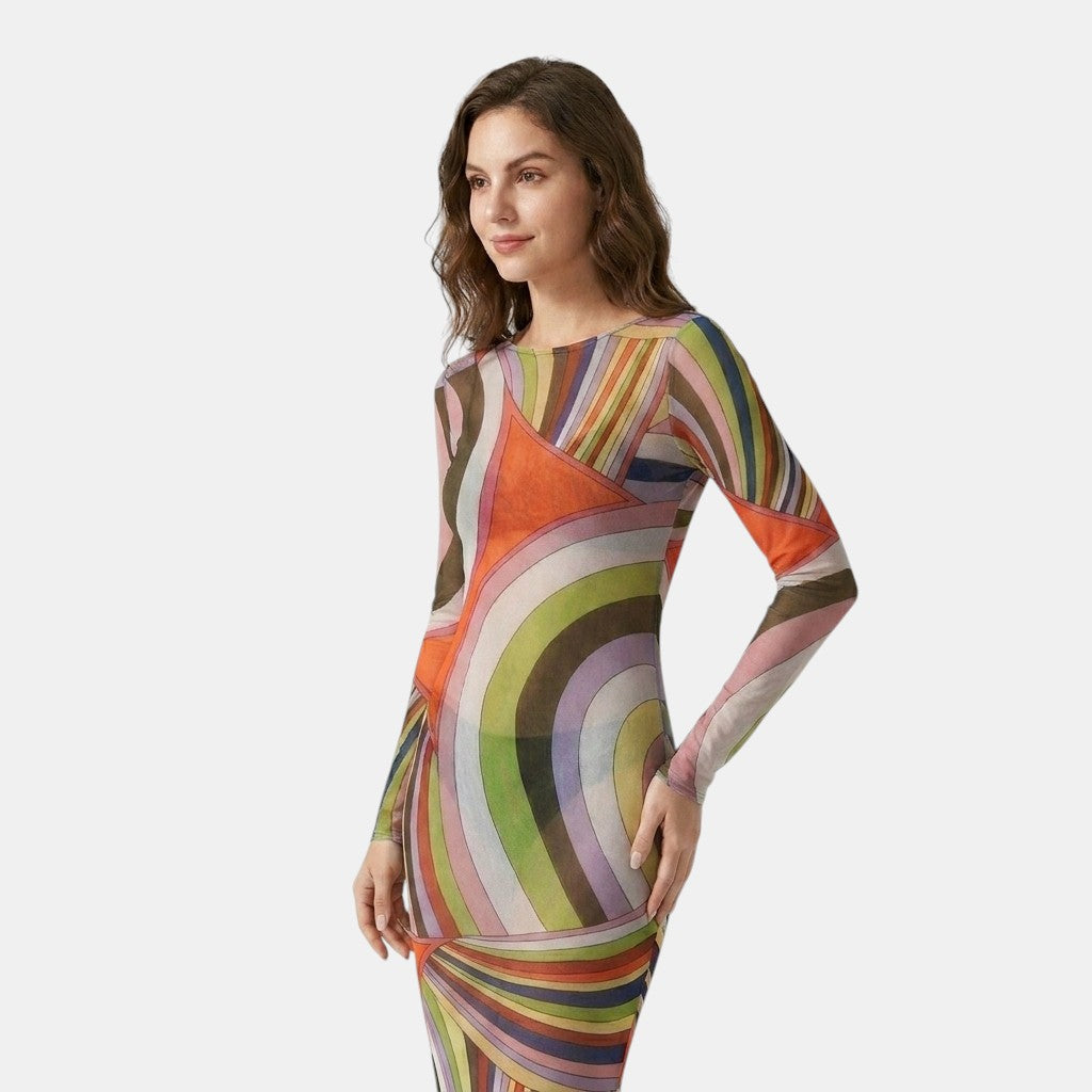 Armaxio | Women's Printed Mesh Bodycon Maxi Dress Sleeveless