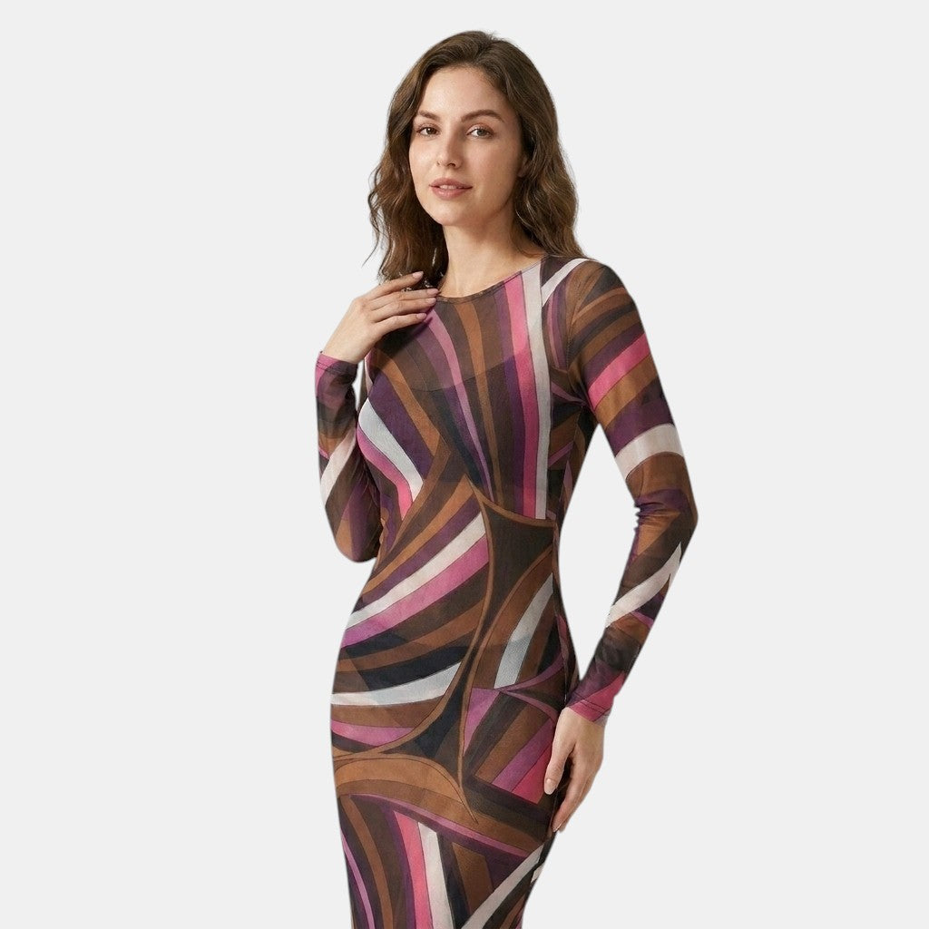 Armaxio | Women's Printed Mesh Bodycon Maxi Dress Sleeveless