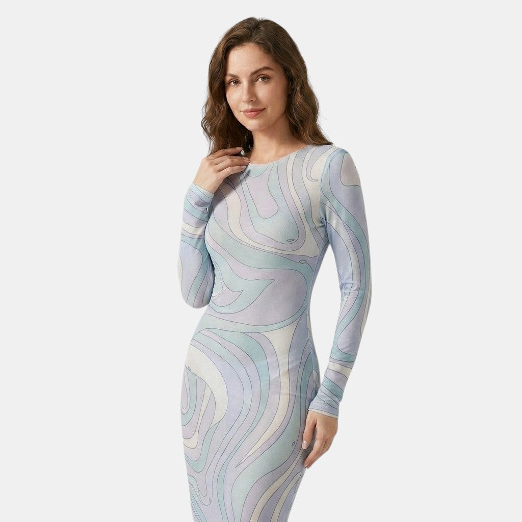 Armaxio | Women's Printed Mesh Bodycon Maxi Dress Sleeveless