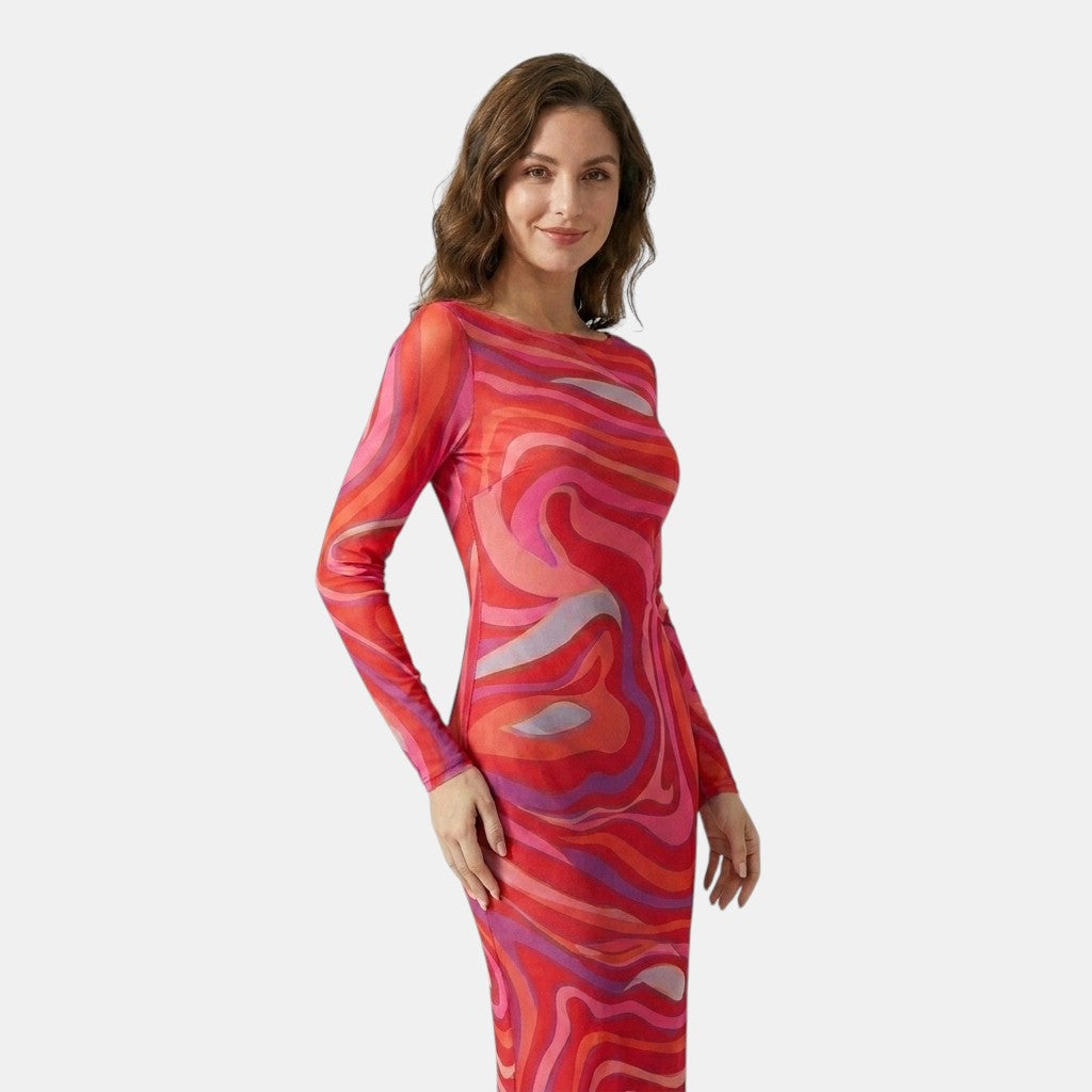 Armaxio | Women's Printed Mesh Bodycon Maxi Dress Sleeveless