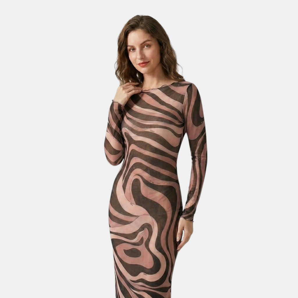 Armaxio | Women's Printed Mesh Bodycon Maxi Dress Sleeveless