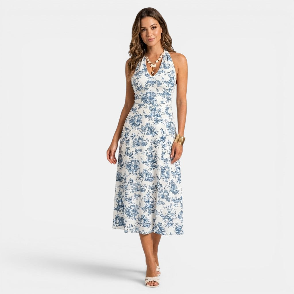 Armaxio | Women's Toile Midi Dress Sleeveless Plunging Neck