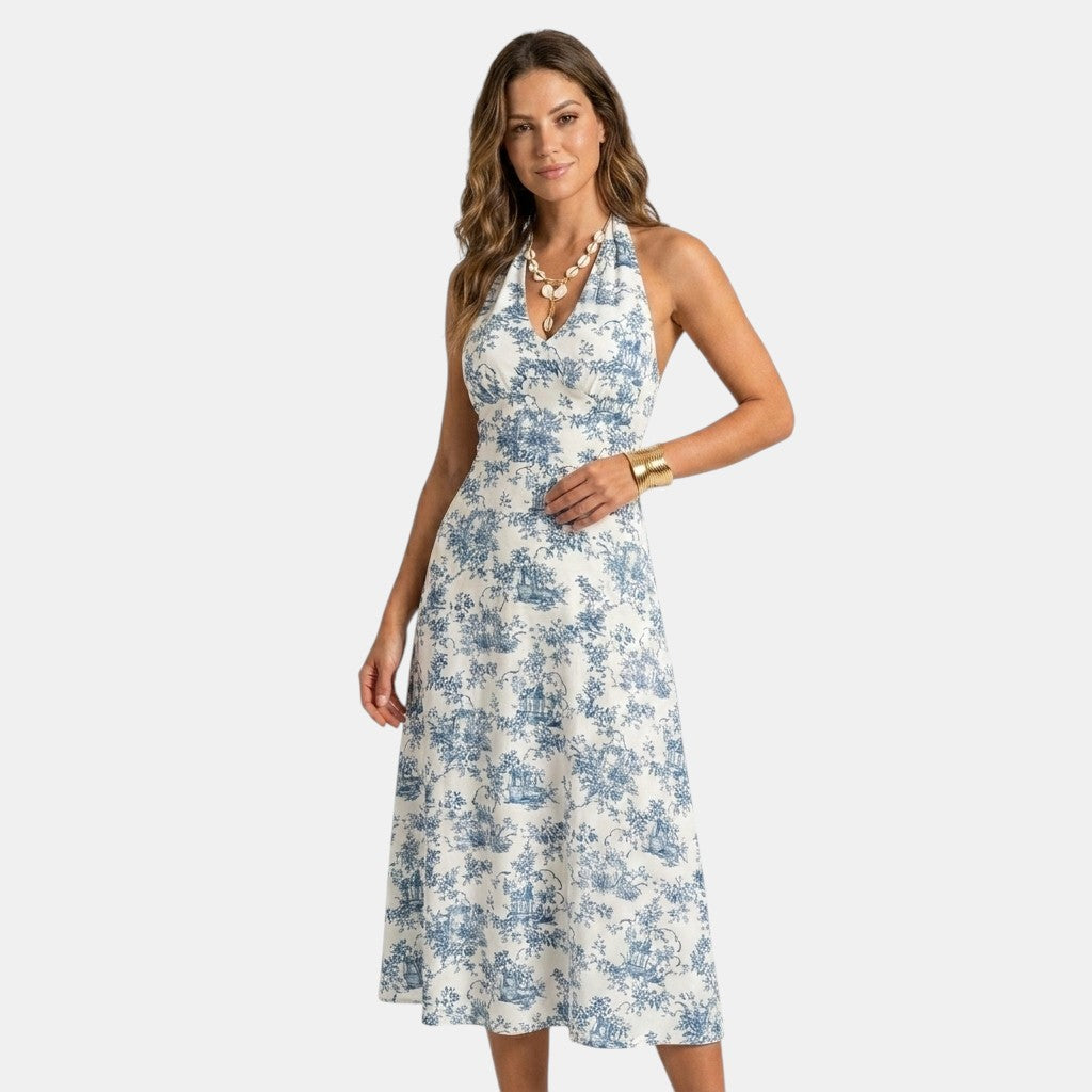 Armaxio | Women's Toile Midi Dress Sleeveless Plunging Neck