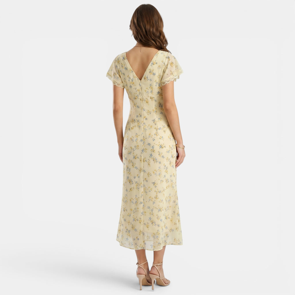 Armaxio | Women's V Neck Floral Maxi Dress with Flutter Sleeves