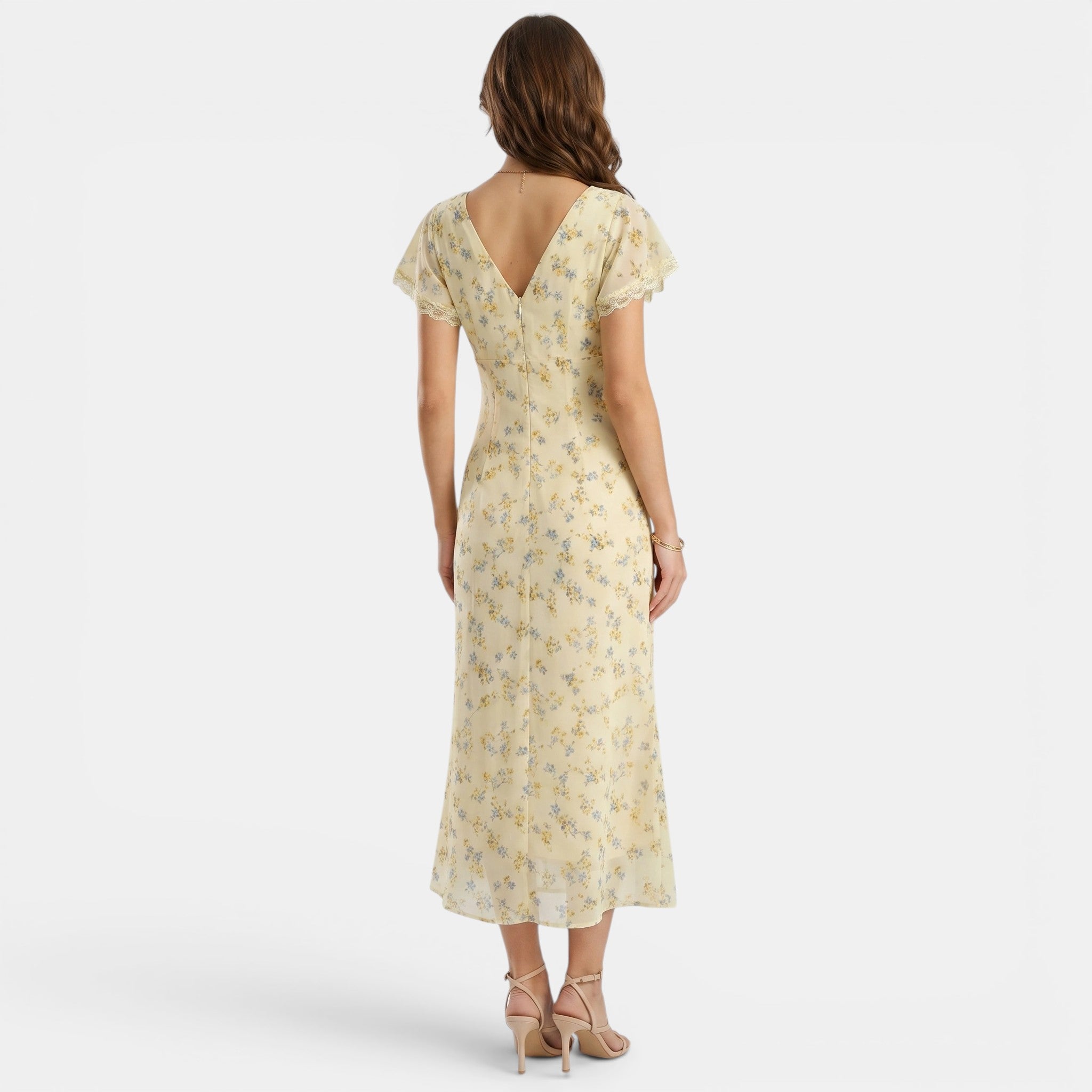 Armaxio | Women's V Neck Floral Maxi Dress with Flutter Sleeves
