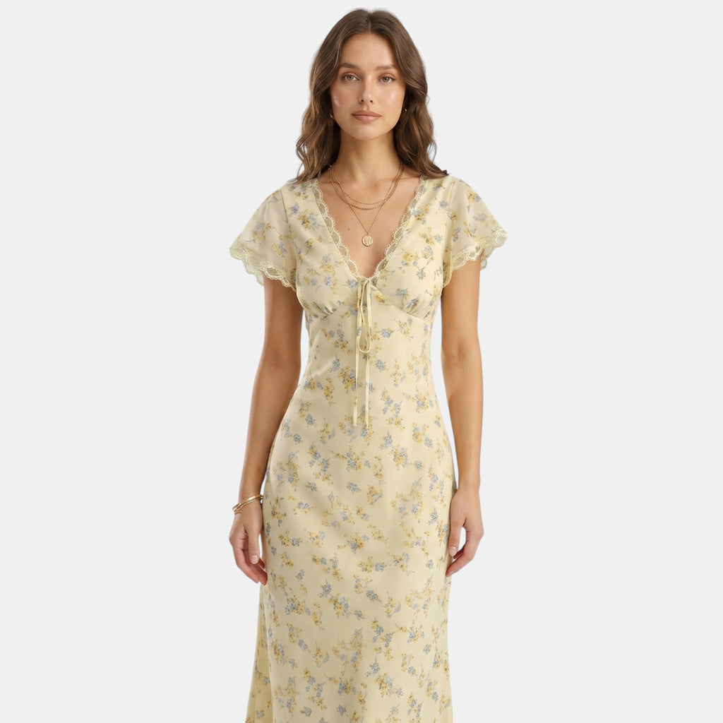 Armaxio | Women's V Neck Floral Maxi Dress with Flutter Sleeves