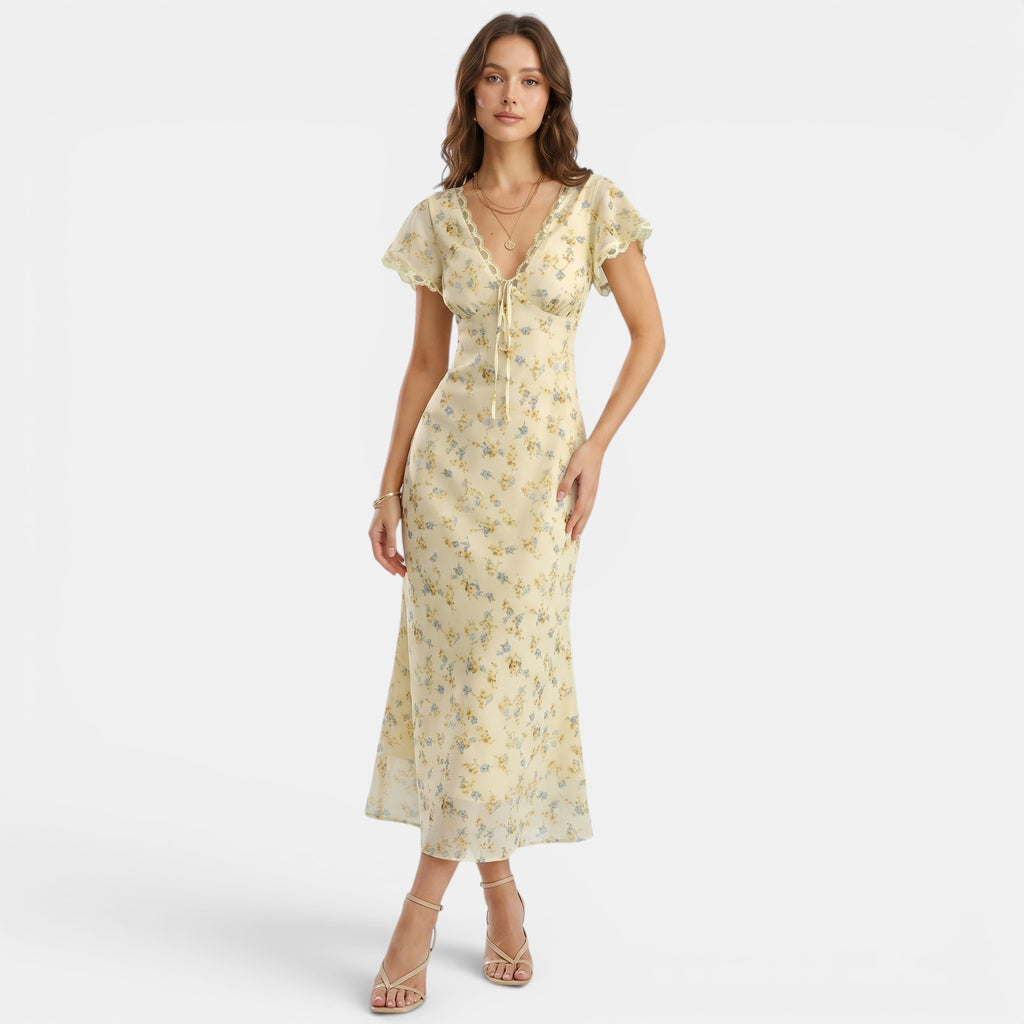 Armaxio | Women's V Neck Floral Maxi Dress with Flutter Sleeves