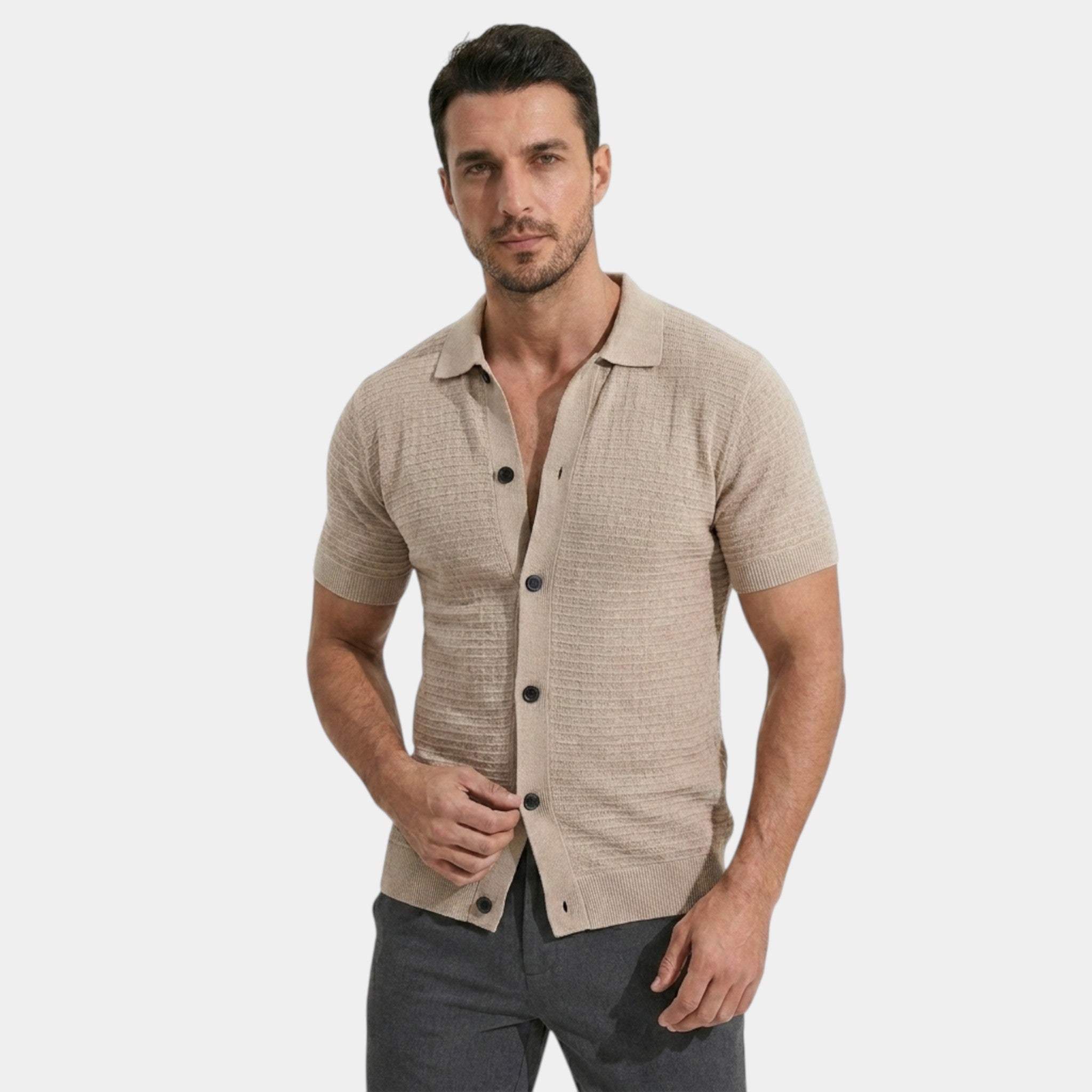Armaxio | Men’s Slim Fit Knit Shirt Textured Neutral Everyday Wear