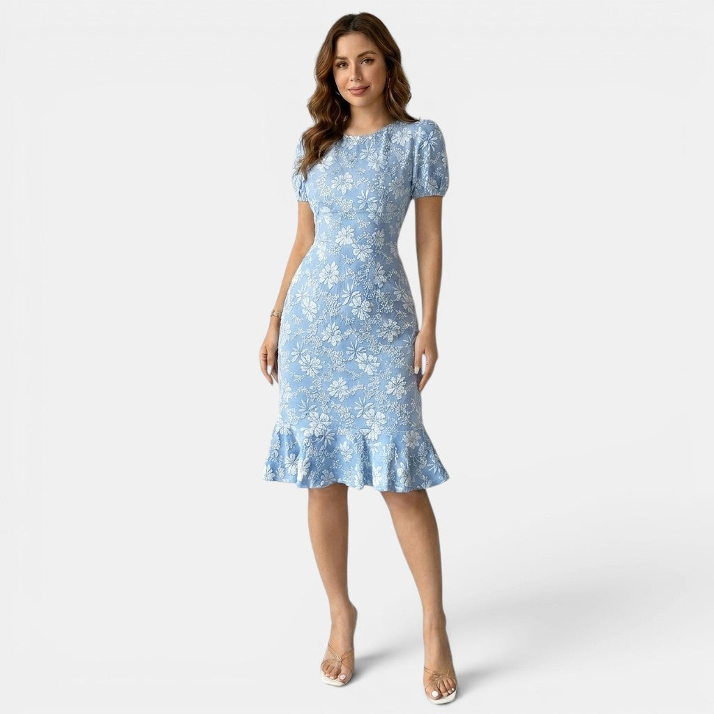Armaxio | Women’s Floral Midi Dress Puff Sleeve Bodycon Style