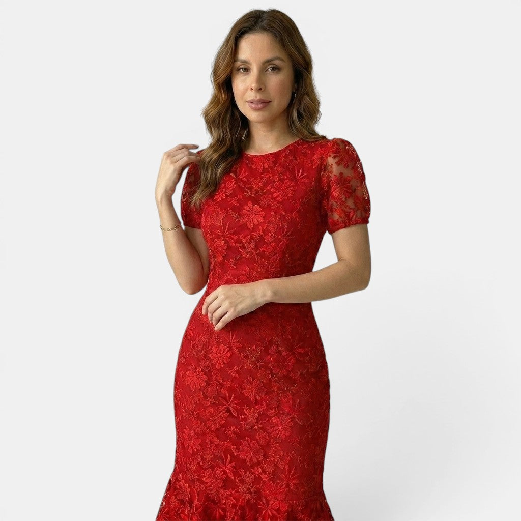 Armaxio | Women’s Floral Midi Dress Puff Sleeve Bodycon Style
