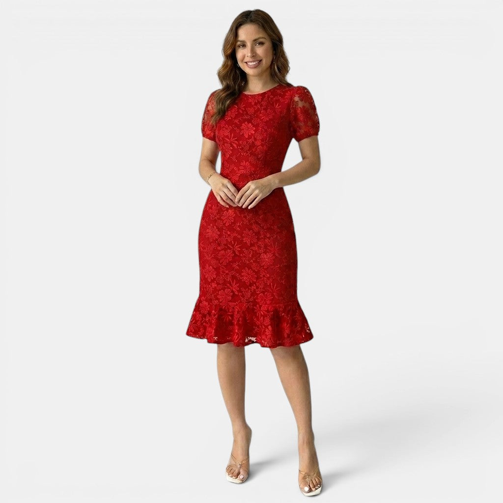 Armaxio | Women’s Floral Midi Dress Puff Sleeve Bodycon Style