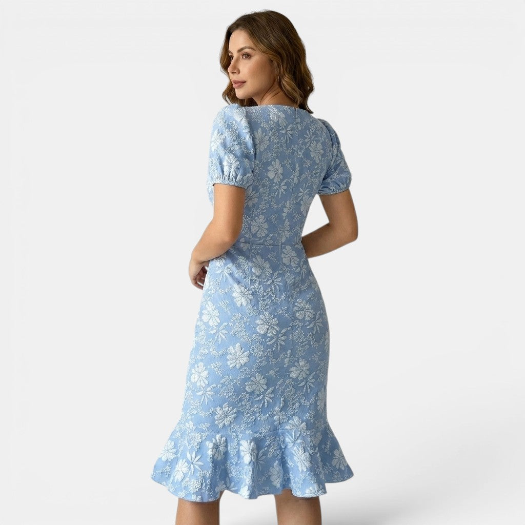 Armaxio | Women’s Floral Midi Dress Puff Sleeve Bodycon Style