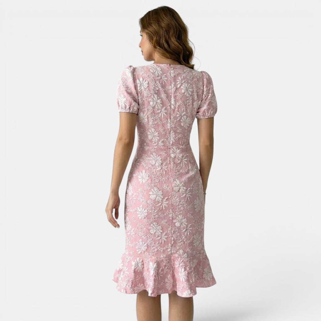 Armaxio | Women’s Floral Midi Dress Puff Sleeve Bodycon Style