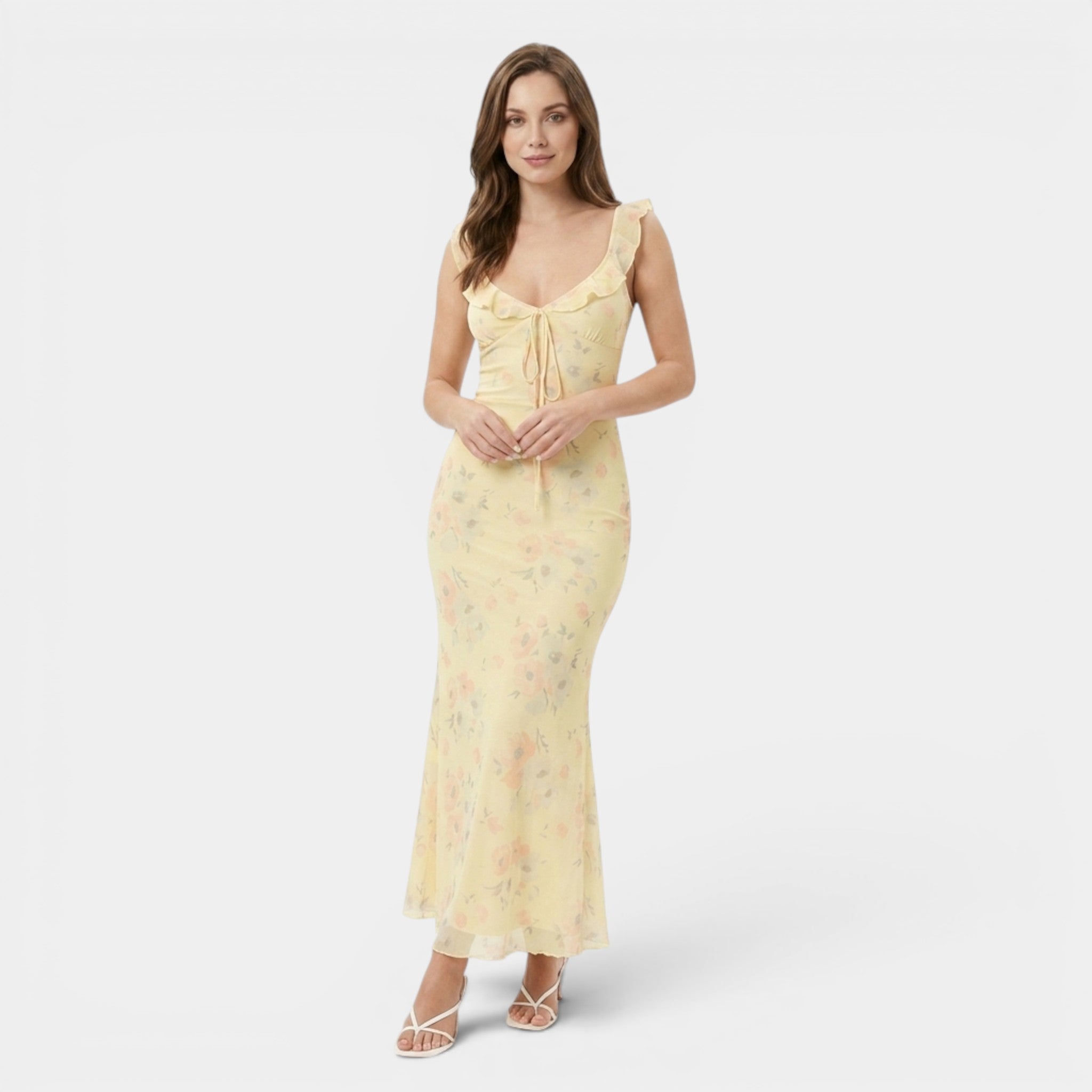 Armaxio | Women’s Yellow Floral Slip Maxi Dress Frill Detail Summer Dress
