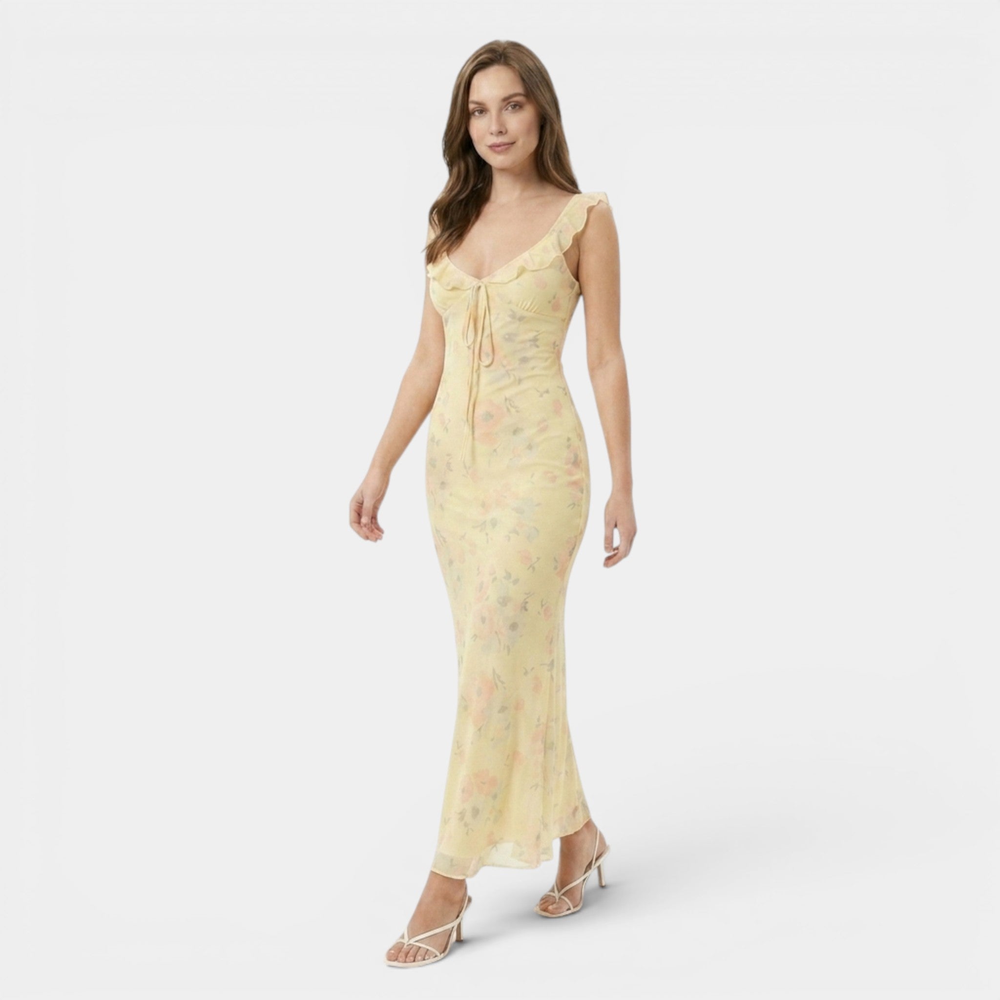 Armaxio | Women’s Yellow Floral Slip Maxi Dress Frill Detail Summer Dress