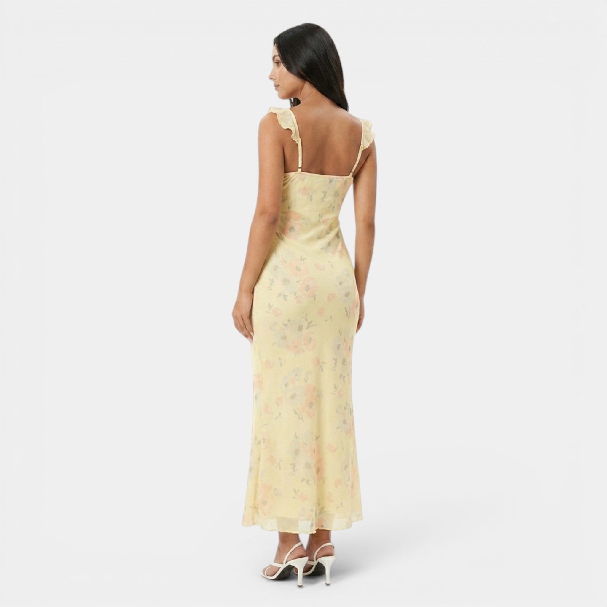 Armaxio | Women’s Yellow Floral Slip Maxi Dress Frill Detail Summer Dress