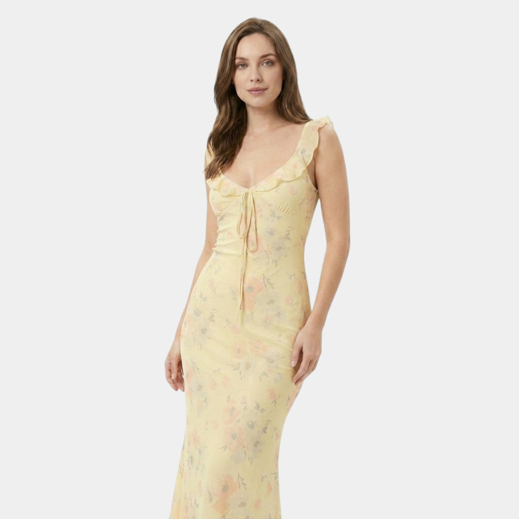 Armaxio | Women’s Yellow Floral Slip Maxi Dress Frill Detail Summer Dress